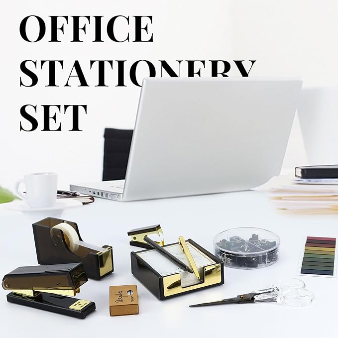 Buqoo Black Acrylic Sticky Notes Holder Stapler and Tape Dispenser Cutter with Staple Remover, Scissor, Ballpoint Pen, Sticky Notes, Paper Clips Set for School Home N Office Supplies