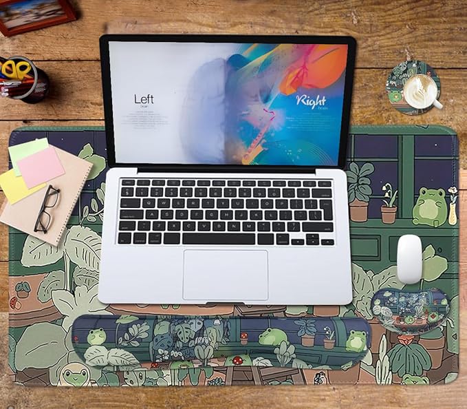 Large Mouse Pad Set, Cute Extended Mouse Pad+Keyboard Wrist Rest Support Desk Pad Memory Foam Ergonomic Easy Typing, 35.4×15.7 in Desk Mat Set for Home Office Study Game - Frog