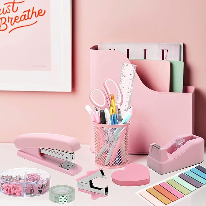 12pcs Pink Desk Accessories Office Supplies, Desk Organizers Set Stapler, Tape Dispenser Set, Staples, Clips, Scissor Gift for Students, Coworkers