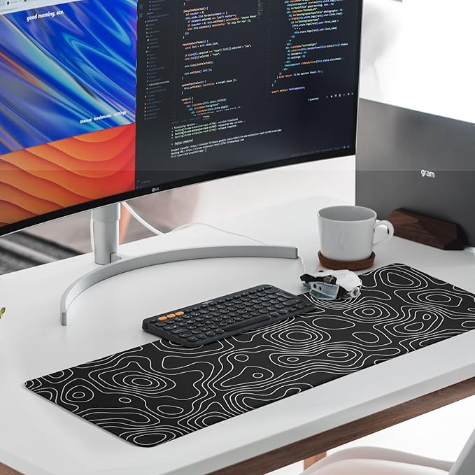 Black Topography Contour Gaming Mouse Pad Large Anime Topographic Map Mousepad Extended Mouse Pad Gaming Big Desk Pad Keyboard Pad with Stitched Edge Non-Slip Rubber Base