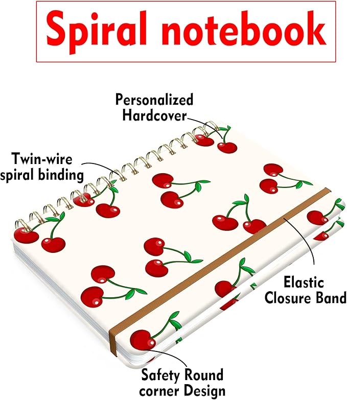 Spiral Journal Notebook for Women, Hardcover A5 College Ruled Notebook, 60 Sheet, Thick Paper, Cute Lined Journal for School, Office & Work, 6 x 8.4 in(Cute Cherry)