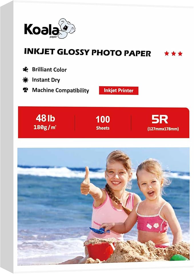 Koala Glossy Inkjet Photo Paper 5X7 Inches 48lb 100 Sheets Professional Glossy Photographic Paper Compatible with Inkjet Printer Use DYE INK 180GSM