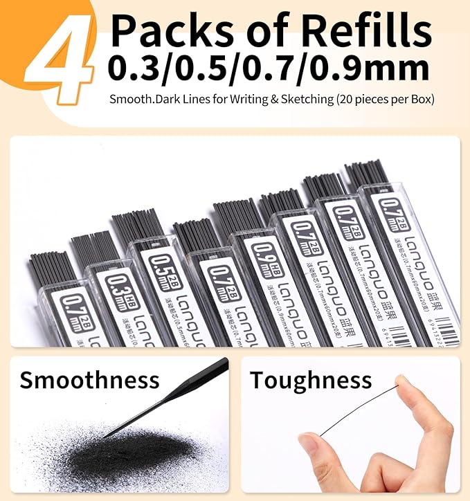 Mechanical Pencil Set with Case, 4PCS 0.7mm Art Mechanical Pencils + 40PCS HB Lead Refills + 40PCS 2B Lead Refills + 3PCS Erasers+ 1PCS Case, Drawing Mechanical Pencils for Writing, Sketching