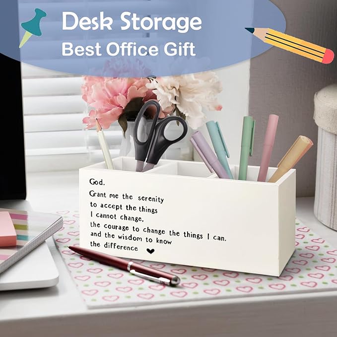 SNNDER Serenity Prayer Gifts Pen Holder for Desk, Christian Gifts for Women Men, God Grant Me the Serenity Bible Verses Wooden Pen Pencil Holder Organizer for Home Office Desk Accessories