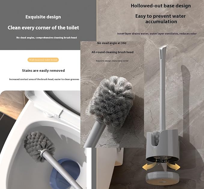 Wall Mounted Toilet Brush Set with No-Drill Adhesive & Drip-Free Tray Space-Saving Toilet Cleaning Brush Holder Deep CleansNoMessStorageSlides Under Sinks (Black)