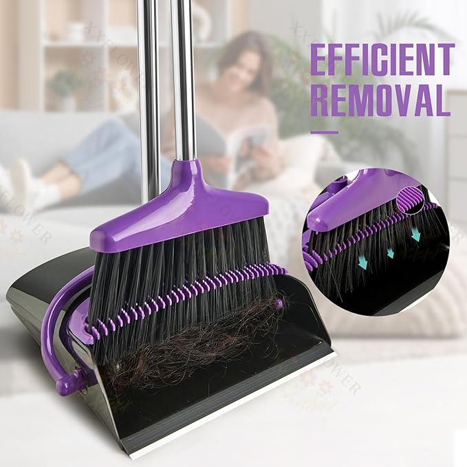XXFLOWER Broom and Dustpan Set with Long Handle, Light Weight Stainless Steel Poles Stand Upright Dustpans with Broom Combo for Home Kitchen Office Pet Dog Hair, 1-Pack (Purple)