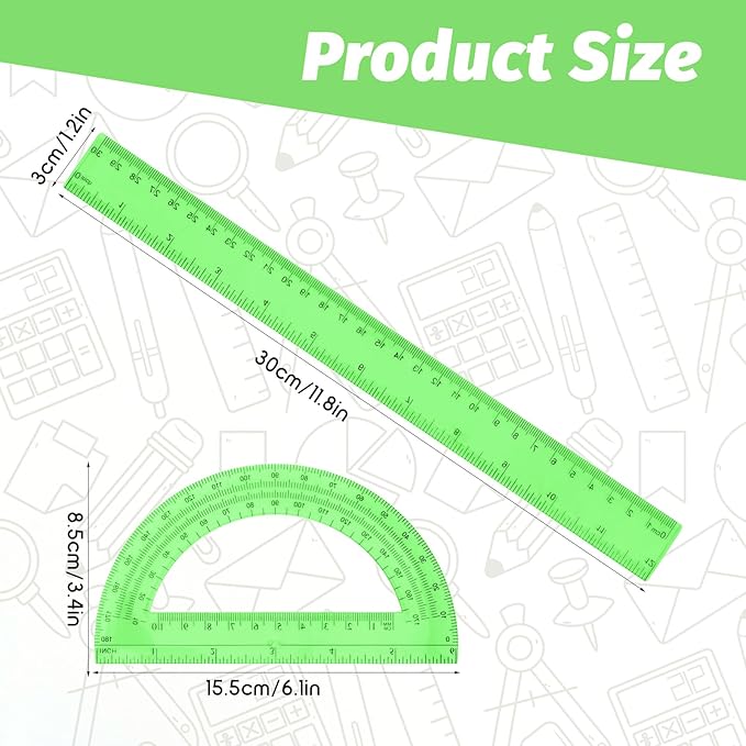 2 PCS 12 Inch Plastic Ruler and 6 Inch Plastic Protractor, Green Clear Ruler Protractor Math Geometry Sets Rulers Angle Finder with Inches and Centimeters for School Classroom Office Drawing Supplies