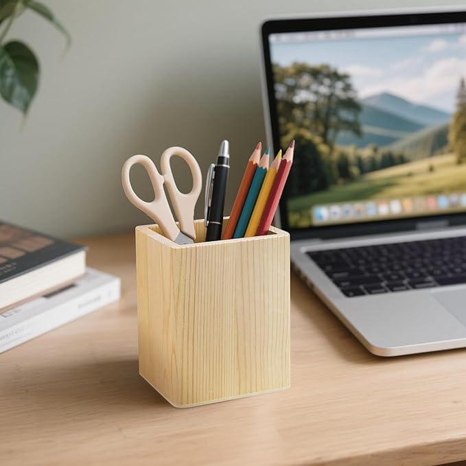 6 Pack Wood Pen Holder Unfinished Wooden Pencil Holder Pine Wood Pen Holder Stand for Desk Office Supplies Makeup Brushes Organizer (Square)