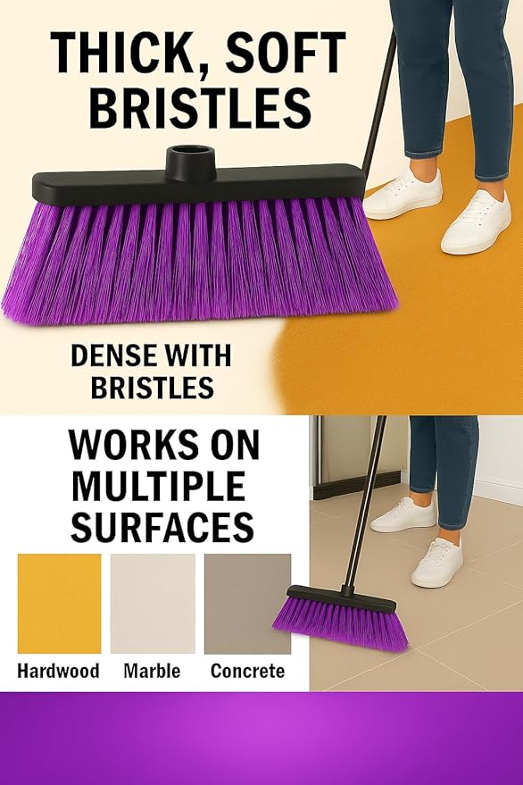 Healing Atlas ALMA Deep Purple 14" Soft Flagged Broom Head – Indoor Sweep – Universal 7/8" Thread – Eco-Friendly Recycled PP (Purple, ALMA)