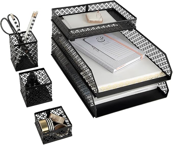 BLU MONACO Black Desk Organizer Set for Women – 6-Piece Interlocking Office Supplies Set, Pen Cup, 3 Accessory Trays & 2 Letter Trays, Black Stackable Paper Tray Holder
