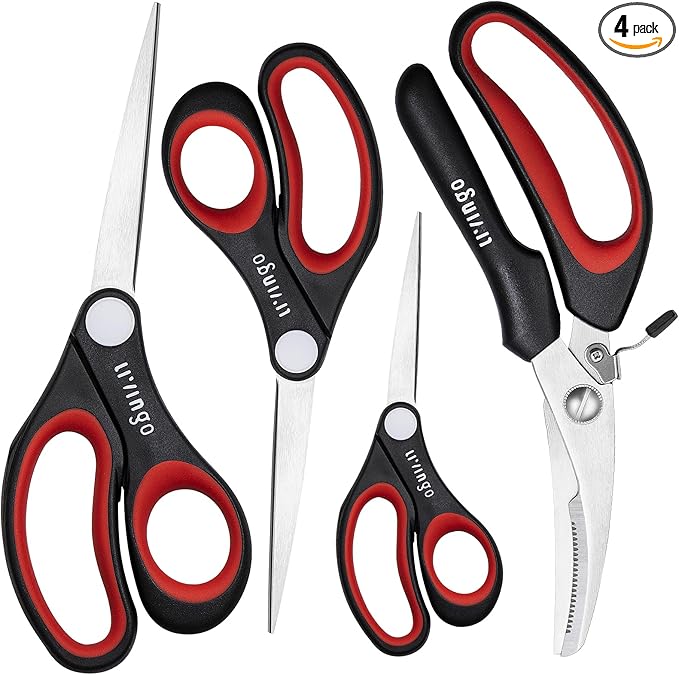 LIVINGO All Purpose Scissors Set - 4 Pack Sharp Multipurpose Heavy Duty Shears for Kitchen Cooking Sewing Fabric Cutting Poultry Food Paper Craft Office Household School Multi Pack Utility Shears