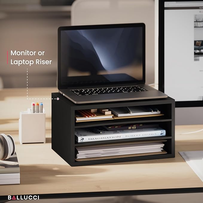 Ballucci Paper Organizer, 3-Tier Stackable Wood Desk Organizer, Document File Organizer and Mail Sorter with Adjustable Storage Shelves, Black