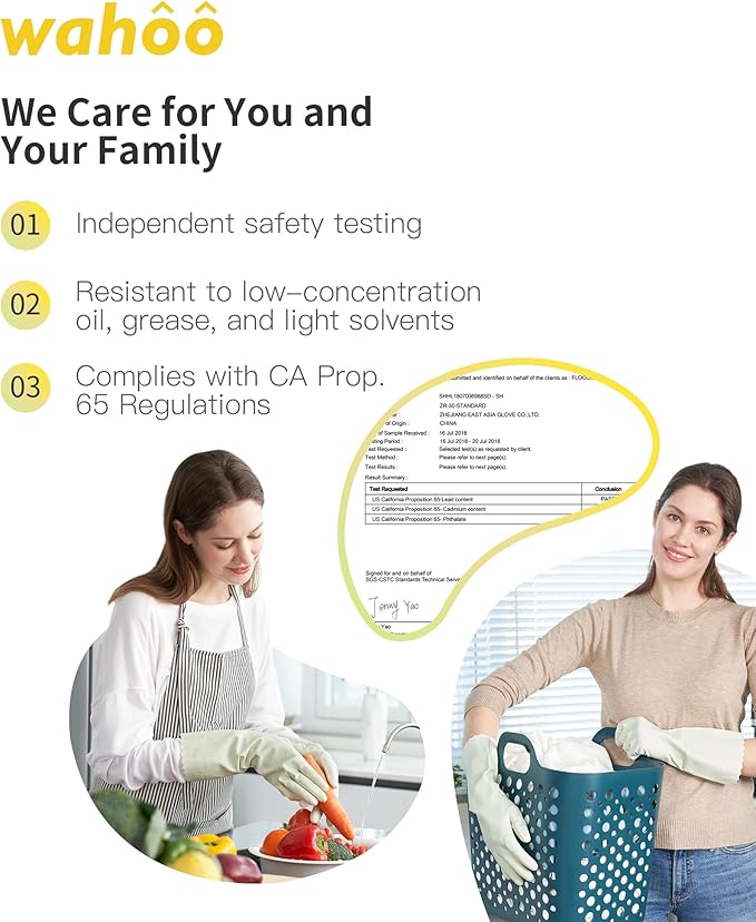 wahoo 3 Pairs Skin-Friendly Cleaning Gloves, Dishwashing Kitchen Gloves with Cotton Flocked Liner, Reusable, Non-Slip, Canary Green, Small