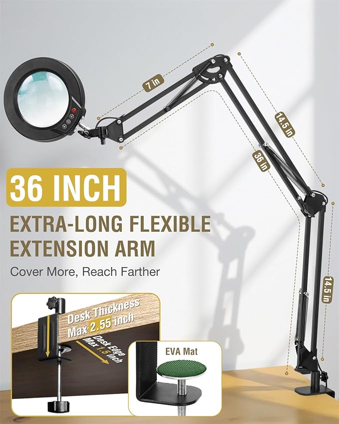 10X Magnifying Glass with Light and Clamp, Ultra Long 3 Section Swing Arm LED Desk Lamp, 5 Color Modes Stepless Dimmable, Hands Free Lighted Magnifier with Stand for Repair Reading Crafting Close Work
