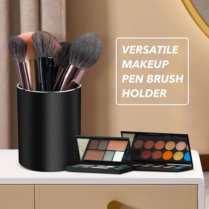 Metal Pen Holder for Desk Round Aluminum Desktop Organizer and Makeup Brush Holder Storage Box for Office, School, Home, and Kids, Non-slip silicone bottom3.9×3.14inch (Black)
