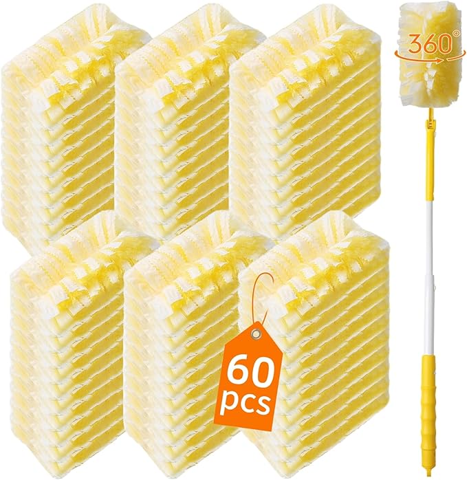 Senowi 60 Count 360° Heavy Duty Duster Refills Compatible with Swiffer,Large Size-Extra Thick Disposable Electrostatic Feather Duster Refill with 1 Retractable Handle(35-inch Length Fully expanded)