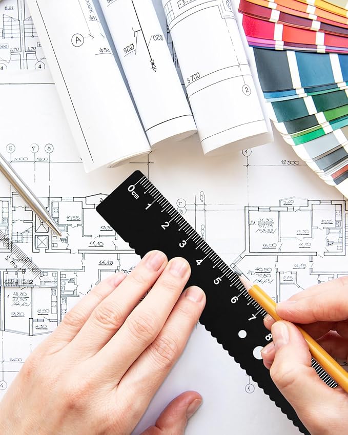 Honagu Triangular Ruler Set, 4 Pieces Aluminum Alloy Ruler, Metal Drafting Ruler, Geometric Protractor for Students, Draftsmen, Engineers, School Office Supplies (Black)