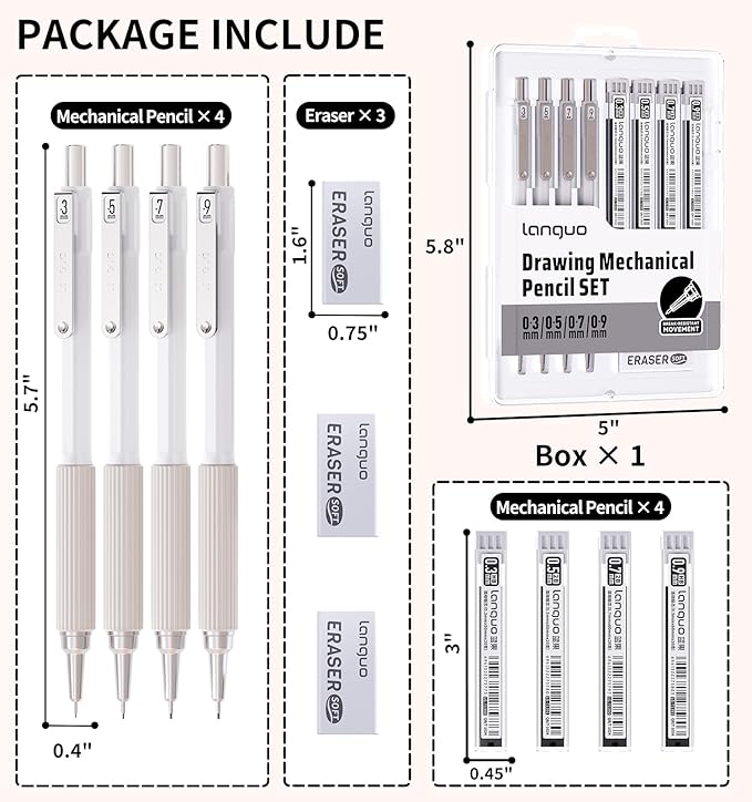 Mechanical Pencil Set with Case, 4PCS 0.7mm Art Mechanical Pencils + 40PCS HB Lead Refills + 40PCS 2B Lead Refills + 3PCS Erasers+ 1PCS Case, Drawing Mechanical Pencils for Writing, Sketching