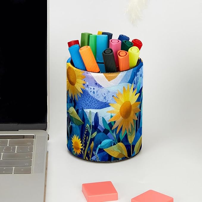 1 Pack Watercolor Art Sunflower Circular Pen & Pencil Holder - Durable PU Leather Pencil Cup, Desk Accessories Organizer for Office Desk School Home