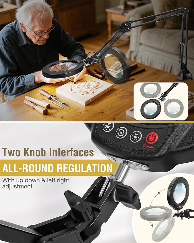 10X Magnifying Glass with Light and Clamp, Ultra Long 3 Section Swing Arm LED Desk Lamp, 5 Color Modes Stepless Dimmable, Hands Free Lighted Magnifier with Stand for Repair Reading Crafting Close Work