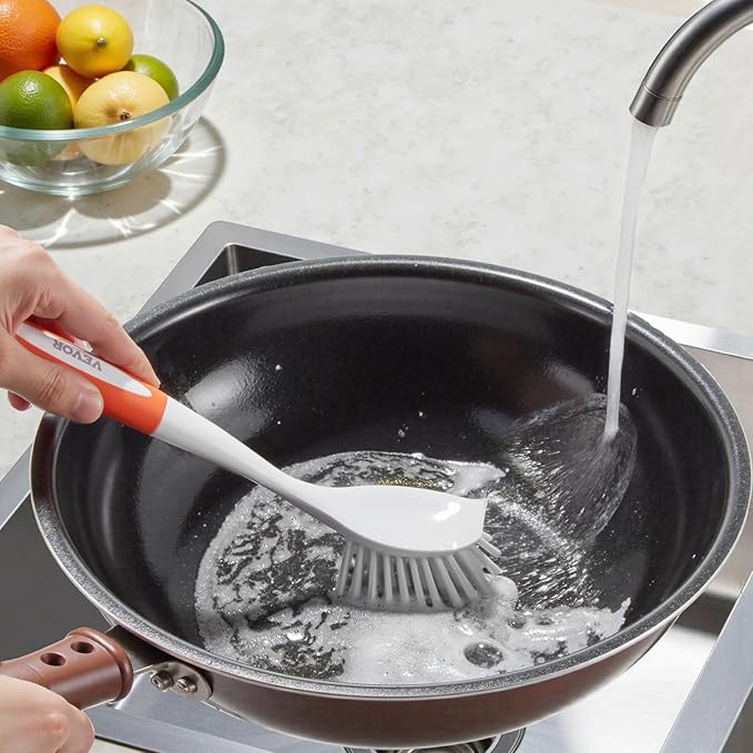 VEVOR Dish Brush, 4 Pack Kitchen Scrub Brushes with PP Handle, Dish Cleaning Brushes with Curved Bristles, Ideal for Pots, Pans, Sink and Stove, 2 Gray + 2 Orange