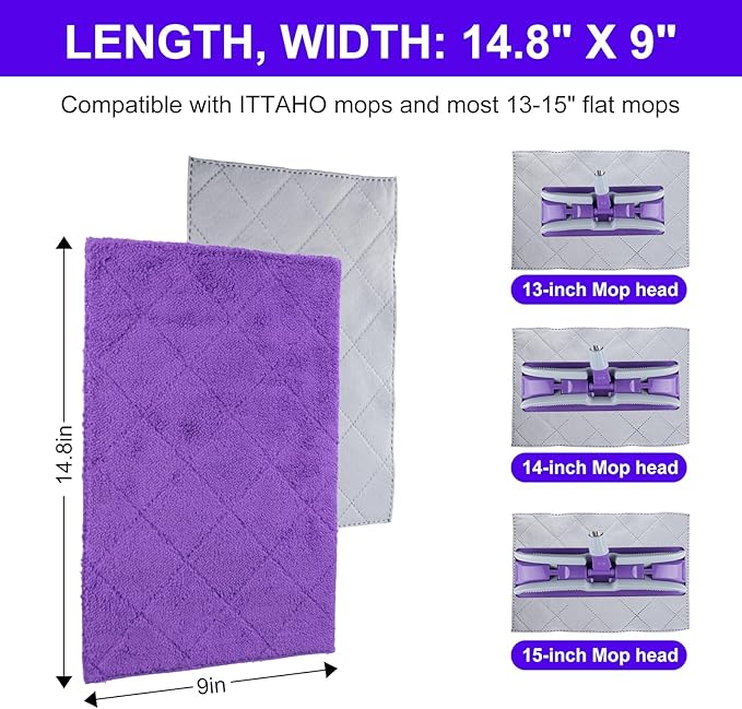 ITTAHO 3-Pack Microfiber Mops Refill Pads for 14 Inch Mop, Hardwood & Hard Floors Microfiber Cleaning Mop Pads, Machine Washes, Size:14.8in X 9in (Purple- Mop Pad Refills)