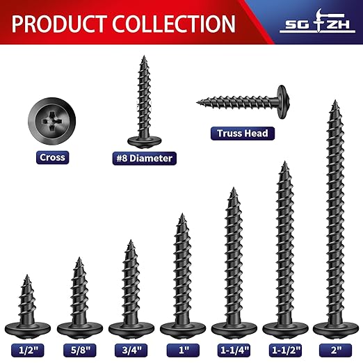 #8 x 1-1/2" Wood Screw 250Pcs Alloy Steel Standard Thread Truss Head Fast Self Tapping Black Oxide by SG TZH