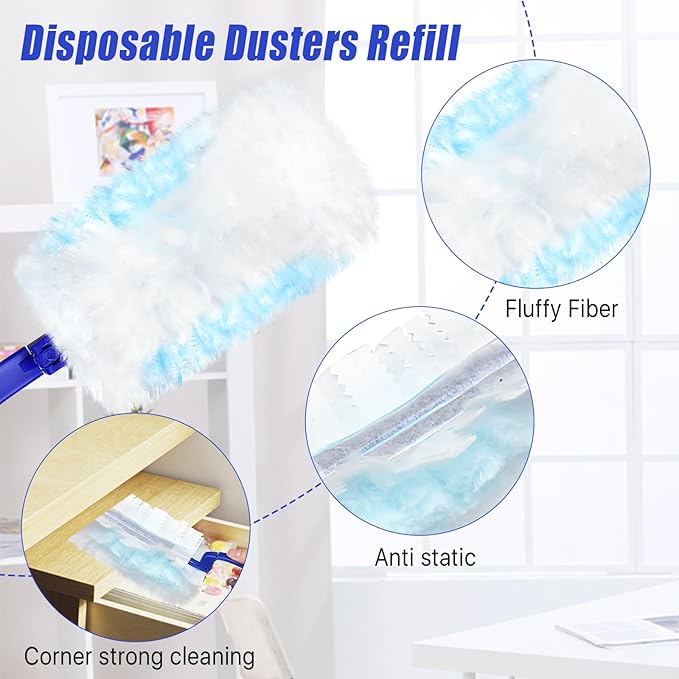 Elesunory 100 Pcs Duster Refills Bulk, Thickened Duster Refill Electrostatic Duster Head, Duster Refills for Cleaning with 4 Handles, Disposable Duster Refills for Cleaning Blinds, Ceiling Fans(Blue)