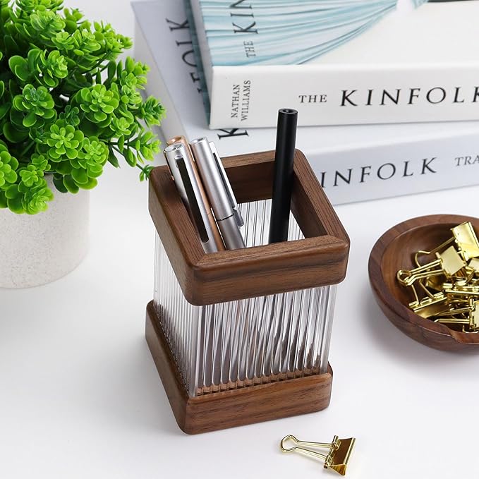MultiBey Walnut Wooden Pencil Holder, Clear Acrylic Wood Pen Holder, Black Walnut Desktop Pencil Cup Stand Wood Desk Accessory Organizer for School Office Home Supplies