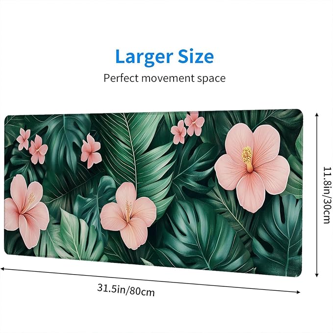 Tropical Leaves Gaming Mouse Pad Desk Pad Flowers Ferns Nature Green Pink Mouse Pad Mousepad Extended Laptop Keyboard Mat Gaming Desk Pad Mouse Mat Office Computer Keyboard Laptop Home 31.5"x11.8"