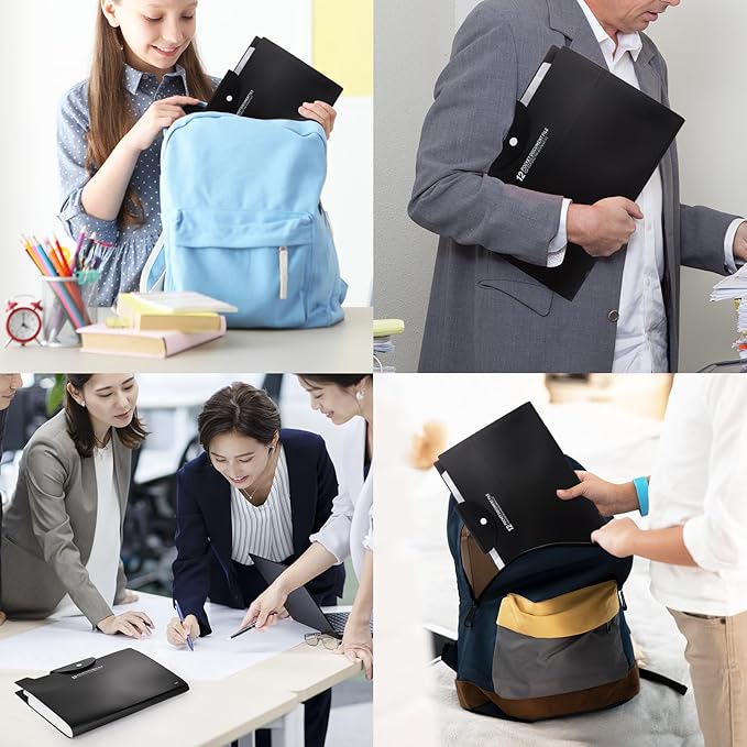 2Pcs Accordion File Organizer with 12 Pockets - Expandable File Folder for Paper, Portable Multi Pocket Folder for School Office Supplies,Black