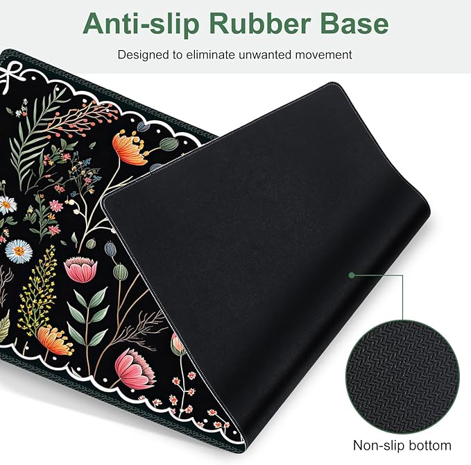Flower Desk Mat, 4in1 Large Mouse Pad with Wrist Rest, Desk Matt for Desktop, Desk Pad Mat, Anti-Slip XXL Computer Ergonomic Mousepad with Wrist Support for Keyboard and Mouse I Black Florals Weeds