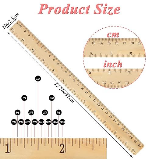 QTLCOHD 144 Pack 12 Inch Wooden Ruler, Pine Wood Measuring Rulers Bulk for Students Classroom, Home, Office, 2 Scale, 30 cm