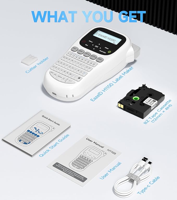 Label Maker Waterproof-Labels, Keyboard Label Maker Machine with-Tape12mm Laminated, Backlit Screen, Multiple Fonts & Symbols, Portable Inkless Labeler for Home Office School Use, H1100