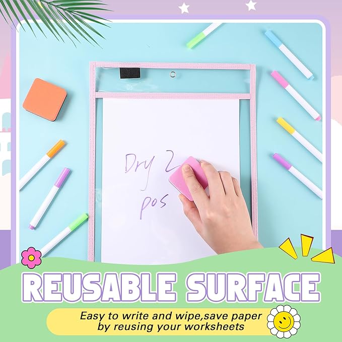 24 Pack Dry Erase Pocket Reusable Sleeves 10" x 14" Clear Plastic Sheet Protectors with Dry Erase Markers and Mini Sleeves Paper Teacher Supplies(Pastel)