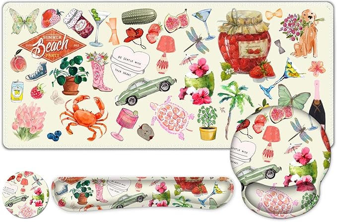 Mouse Pad, 4 in1 Large Desk Mat, Desk Pad Matt for Desktop, Anti-Slip XXL Big Computer Ergonomic Mousepad with Wrist Support for Keyboard and Mouse for Women I Watercolor Stickers