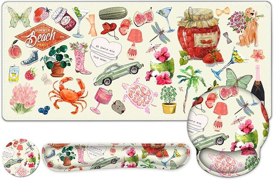 Mouse Pad, 4 in1 Large Desk Mat, Desk Pad Matt for Desktop, Anti-Slip XXL Big Computer Ergonomic Mousepad with Wrist Support for Keyboard and Mouse for Women I Watercolor Stickers