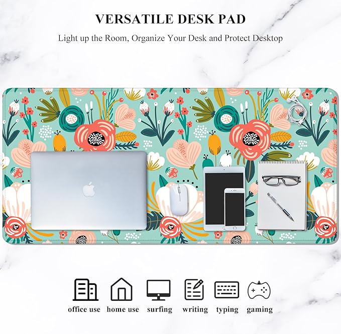 Auhoahsil Large Mouse Pad, XXL Gaming Mousepad, Desk Mat for Desktop, Thick Rubber, Big & Long Size, Stitched Edges, Full Desk Pad for Laptop & Computer, Extended 35.4 x 15.7 in, Colorful Flowers