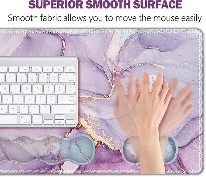 Upgraded Extended Gaming Mouse Pad, Keyboard Wrist Rest Pad, Wrist Support Mousepad Set, Artso Large Stable Rubber Base Stitched Edges, Multifunctional Desk Pad (35 x15.5 in), Purple Blue Marble