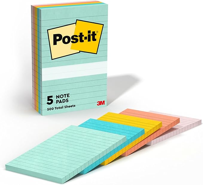 Post-it Notes, 4x6 in, 5 Pads, America's #1 Favorite Sticky Notes, Beachside Café Collection, Pastel Colors, Recyclable (660-5PK-AST) (Pack of 12)
