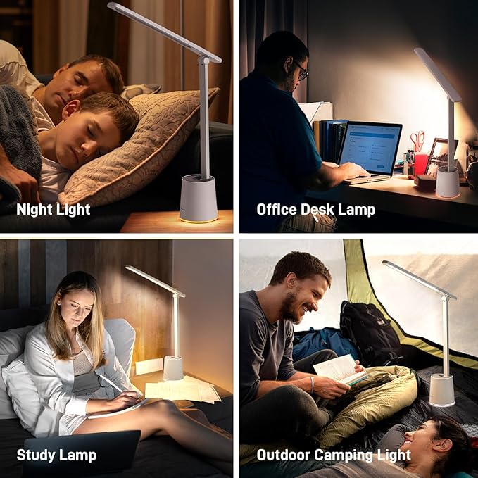 Pak LED Desk Lamp, Dimmable Eye-Caring Desk Light with 5 Color Modes & Brightness Levels, Portable Small Study Reading Table Lamp with Night Mode, Touch Control, Ideal for Home Office, Dorm, White