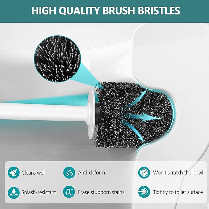 Toilet Brush and Holder Set, Black Toilet Bowl Brush with Solid Long Handle, Compact Toilet Scrubber, Toilet Bowl Cleaner Brush with No Leaks Ventilated Holder. RV, Bathroom Toilet Brush. Black. U