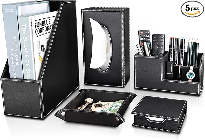 KINGFOM 5 PCS/SET Pu Leather Desk Organizer File Holder Accessories, Magazine Storage Rack+Desktop Pen&Pencil Holder+Tissue Box Cover+Leather Jewelry Accessories Tray