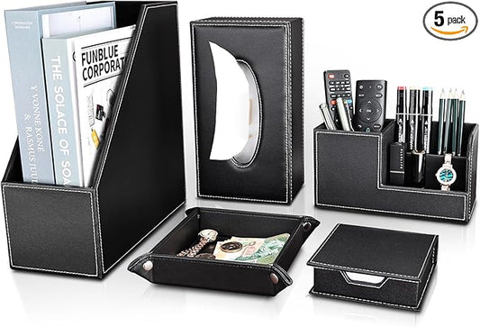 KINGFOM 5 PCS/SET Pu Leather Desk Organizer File Holder Accessories, Magazine Storage Rack+Desktop Pen&Pencil Holder+Tissue Box Cover+Leather Jewelry Accessories Tray