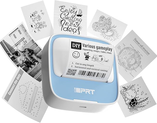 iDPRT Sticker Maker, Portable Thermal Printer with 1 Roll Sticker Paper, Bluetooth Inkless Printer Mini Label Maker for Study, DIY, Notes, Mini Label Maker with Multiple Template in Free App (Blue)