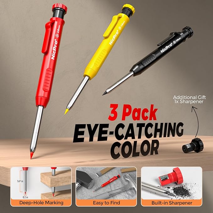Nicpro 3 Pack CP1000 Carpenter Pencils with Sharpener, Mechanical Carpenter Pencil with 39 Refills, Deep Hole Long Nib Marker Pens for Construction, Heavy Duty Woodworking Pencil for Architect Marking