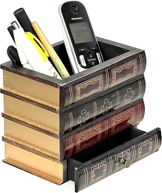 Bellaa 20591 Pencil Pen Holder Desk Organizer Caddy Bottom Storage Drawer Antique Vintage Books Decorative Design Home Office Library