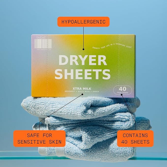 DedCool Dryer Sheets | Xtra Milk | 40 Count | Non-Toxic Vegan Fabric Softener | Bergamot, Vanilla & Amber Scent | Gentle on Sensitive Skin | Softens & Freshens | Premium Laundry Supplies
