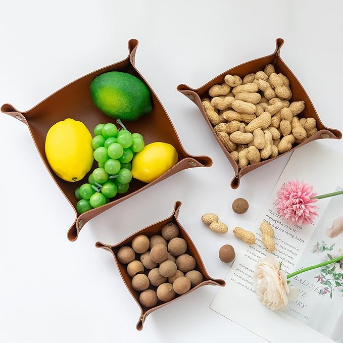 3 packs PU Leather Tray in 3 Sizes Jewelry Tray Glossy Leather Desk Organizer Leather Catchall Tray for Jewelry/Key/Coin/Sun Glasses/Watch/USB Cables etc. (brown)