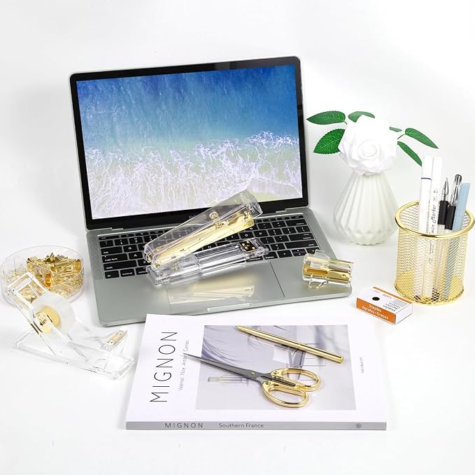 Gold Desk Accessories, Office Supplies Set with Acrylic Stapler, Tape Dispenser, Staple Remover, Pen Holder, Scissor, Binder Paper Clips, 1 Ballpoint Pen, 1 Clear Tape and 1000pcs Staples